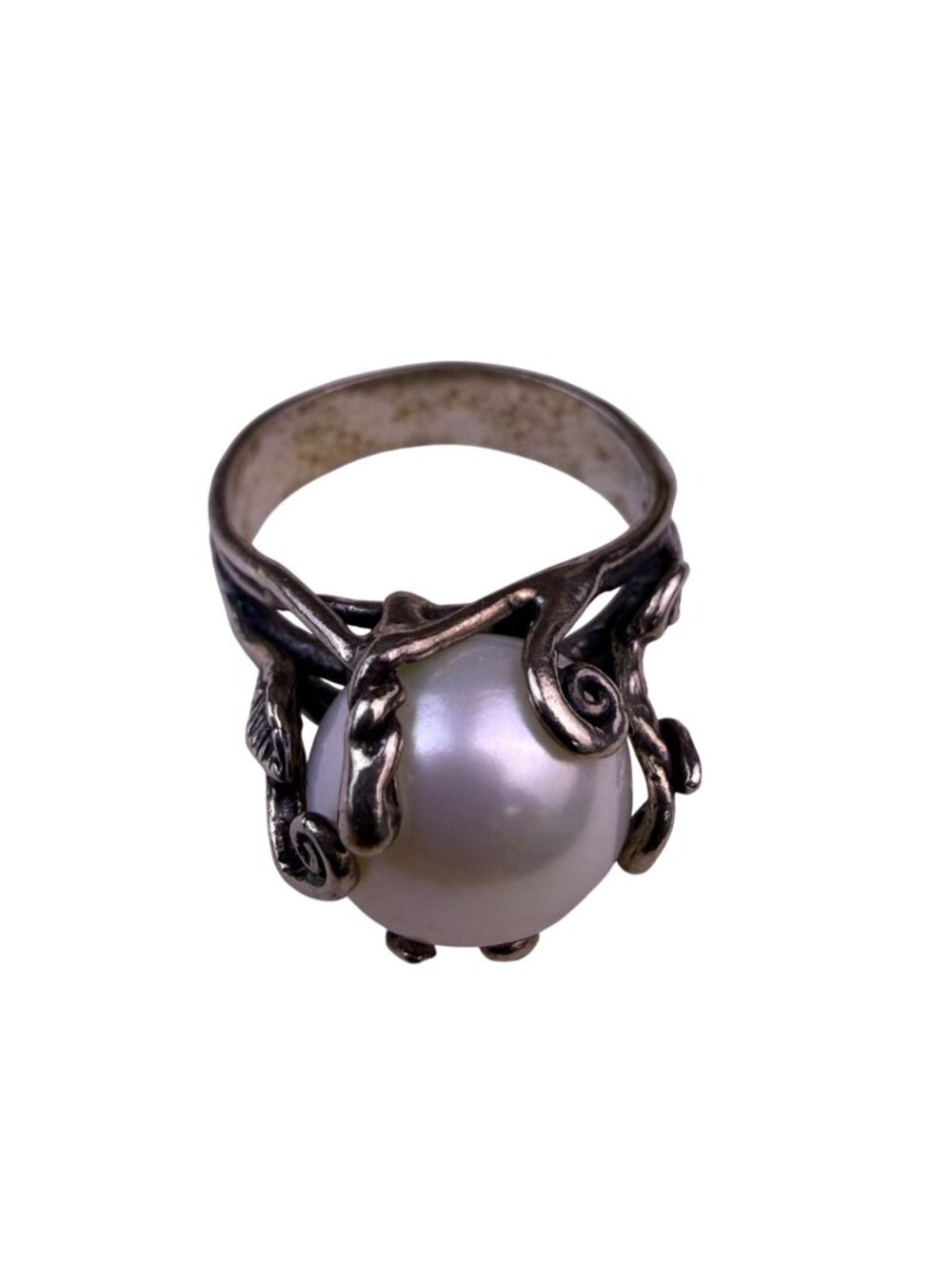 Sterling Silver Womens White Pearl Ring Leaf Branch Handmade Elegant Look